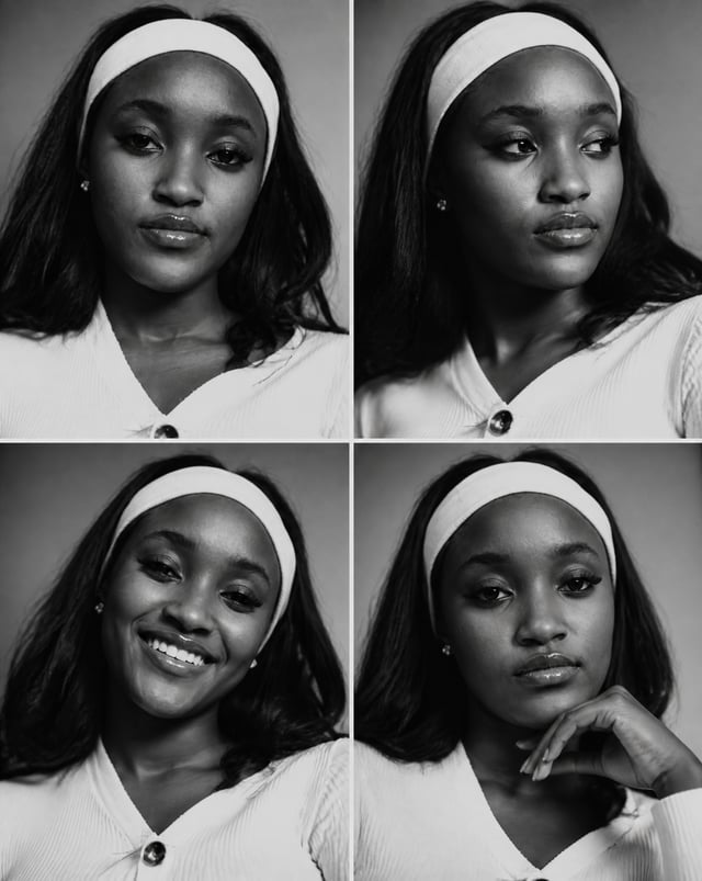 Black-and-white fashion casting contact sheet of [Human] with [Hair], arranged in a clean 2x2 grid o