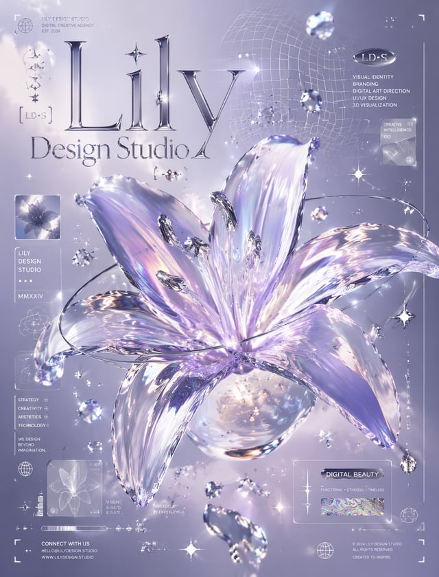 Create an original Y2K poster design for "Lily Design Studio" featuring a futuristic lily flower as 
