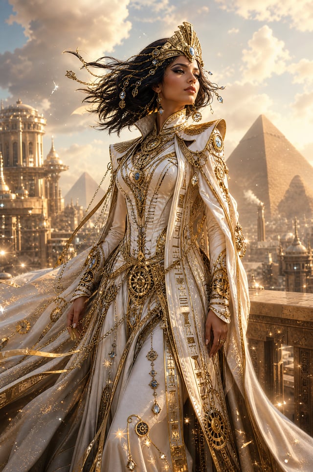 Create a cinematic fantasy portrait of the ruler of Egypt with an Egyptian steampunk aesthetic. She 
