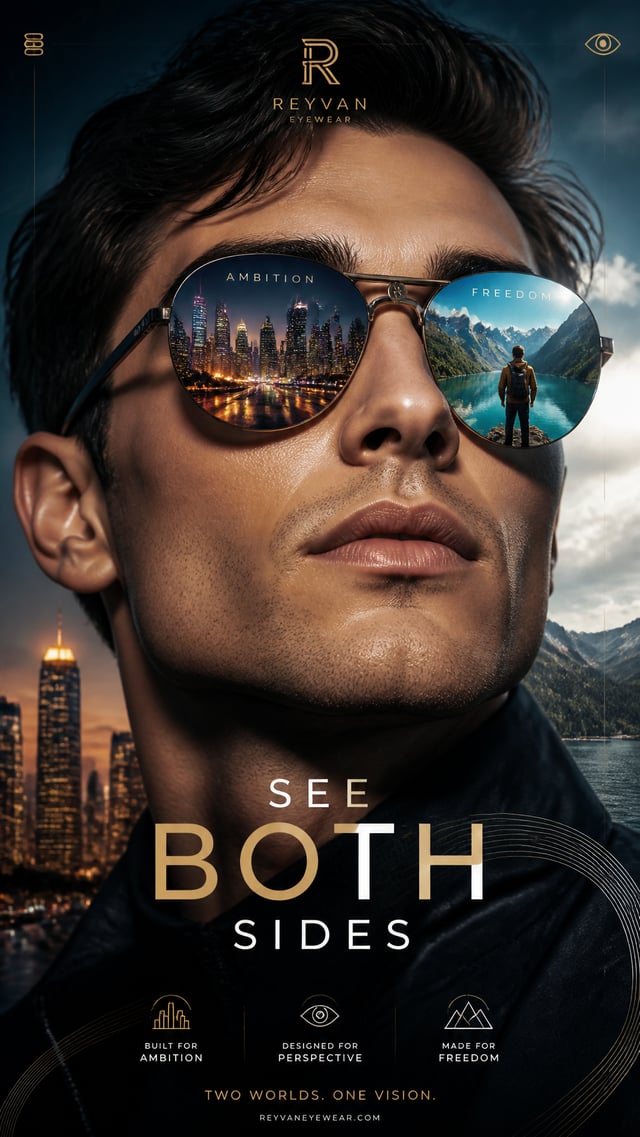 A premium 9:16 eyewear advertising poster.Main Subject: