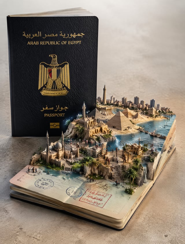 Hyper-realistic open Egypt passport on a studio surface, with gold-embossed “Arab Republic Of Egypt”