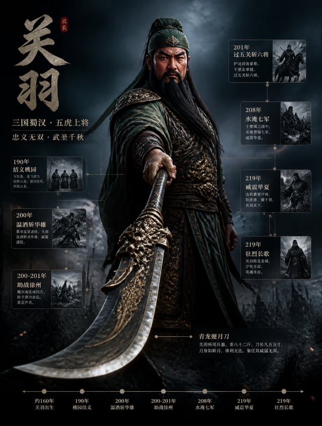 请创作一张竖版 3:4「现代人物3D立像档案海报」。主题人物：关羽人物身份：三国时代蜀国五虎将之一核心成就：辅助刘备建立了蜀国，是三国时代武力值拔尖人物的代表，典故有温酒斩华雄，过五关斩六将等代表道具