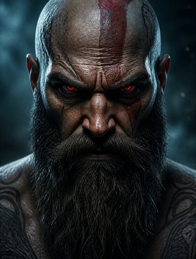A rugged, bald warrior with a thick, textured beard dominates the frame, his skin displaying hyper-d