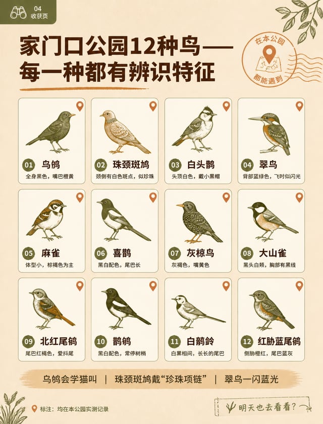 === Page 04｜收获页 ===页面目标：展示 12 种鸟，每种有辨识特征——让读者觉得"我也能认"标题：家门口公园 12 种鸟——每一种都有辨识特征使用风格：户外旅行地理标注风 + 高级工具清