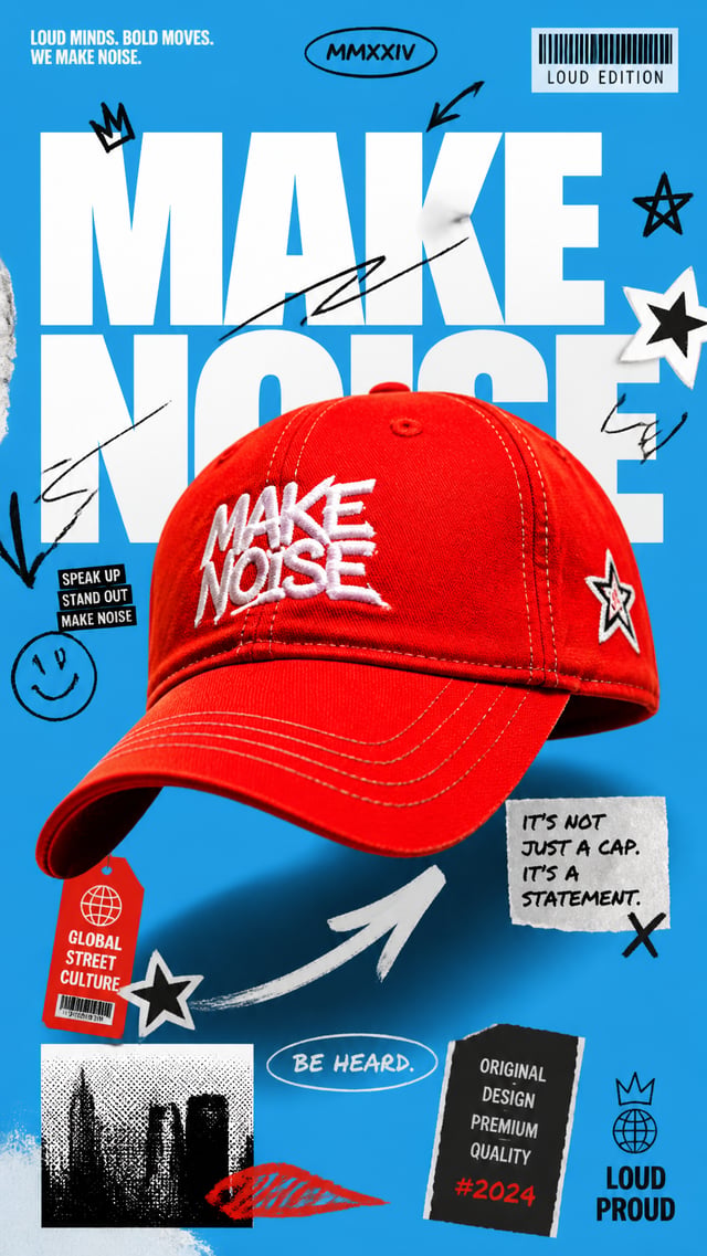 A premium 9:16 streetwear cap advertising poster.Central Subject:A single oversized bright-red baseb