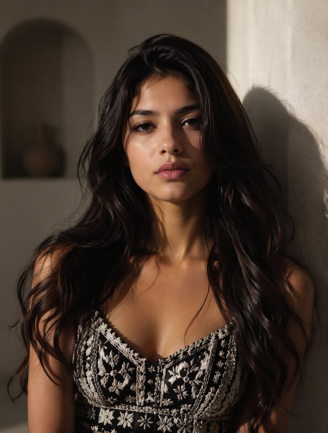 A young woman with long, dark, voluminous hair poses for a centered portrait, her expression neutral