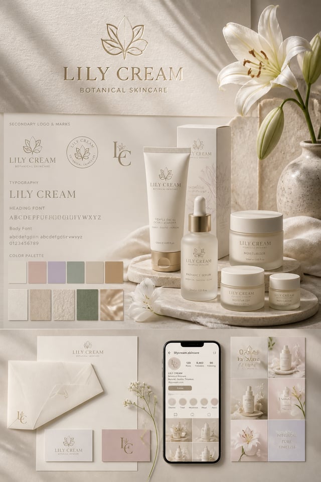 Create a high-end luxury brand identity presentation for an original skincare brand named “LILY CREA