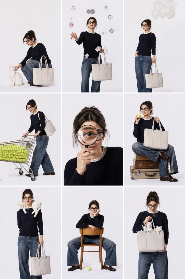 studio fashion collage, 3x3 grid layout, same subject repeated in different poses across all panels,