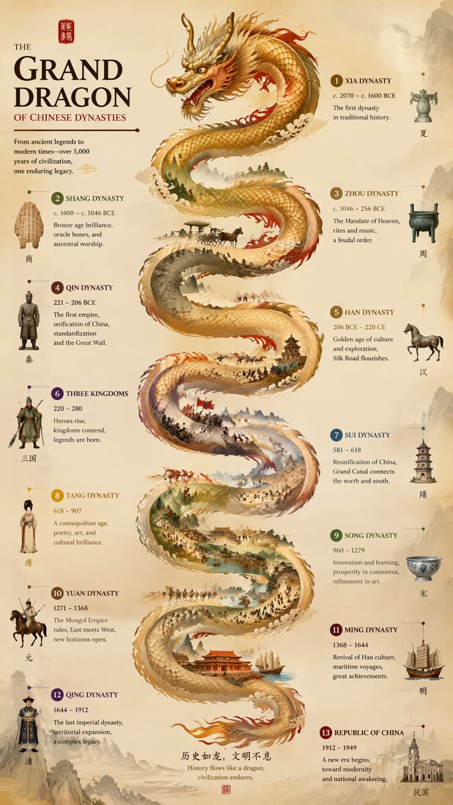 Infographic of the grand dragon of Chinese dynasties, winding timeline shaped like a majestic imperi