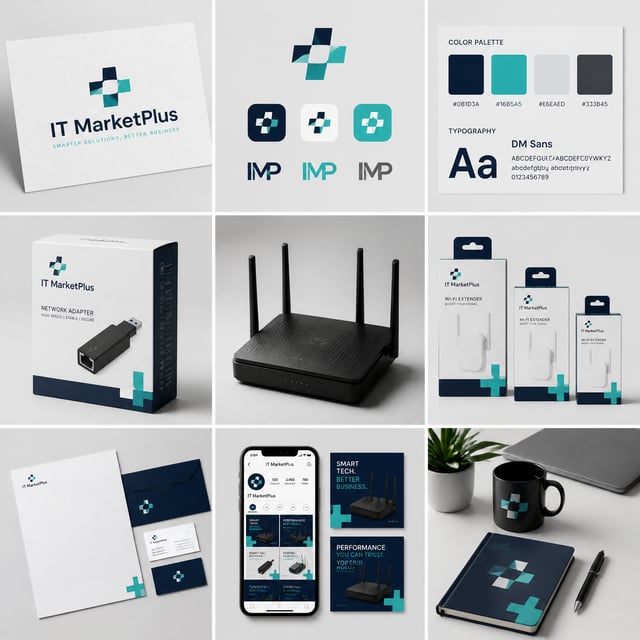 [brand name], complete brand identity grid, 3x3 layout, nine tiles showing a full cohesive brand sys