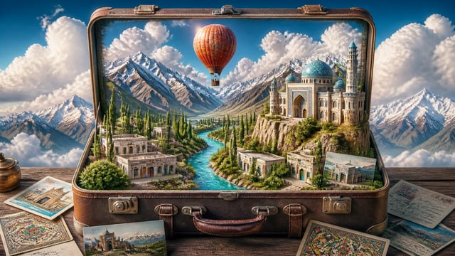 vertical hyperrealistic fantasy miniature scene, fully open vintage brown leather antique suitcase, 