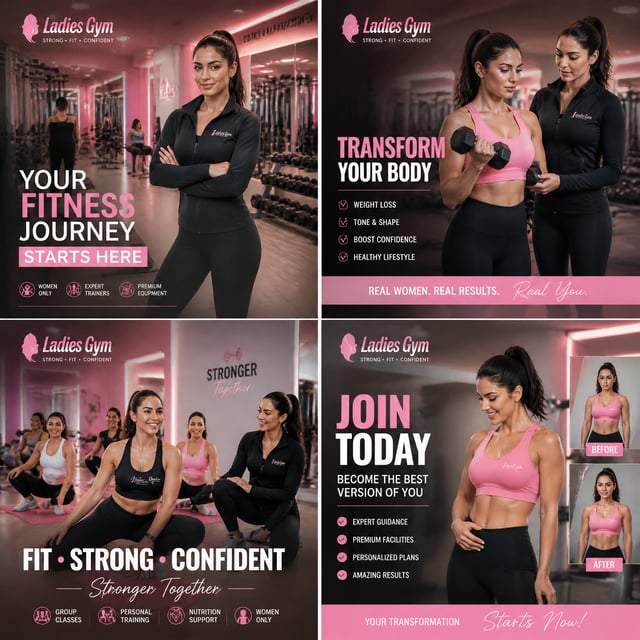 Create a complete premium ladies gym advertising campaign consisting of 4 unique social media poster