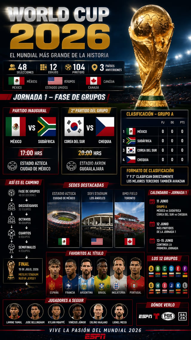 Diseña una infografía deportiva premium estilo ESPN, MARCA, AS y Sky Sports para la Copa Mundial de 