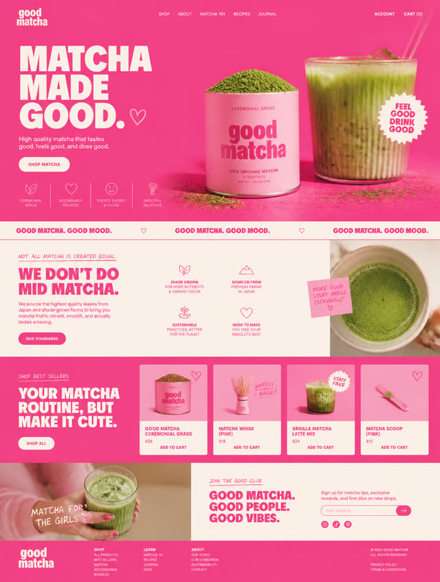 Make me a website design for a Matcha brand. It should be inspired by Good Girl Snacks (Hot Pink)