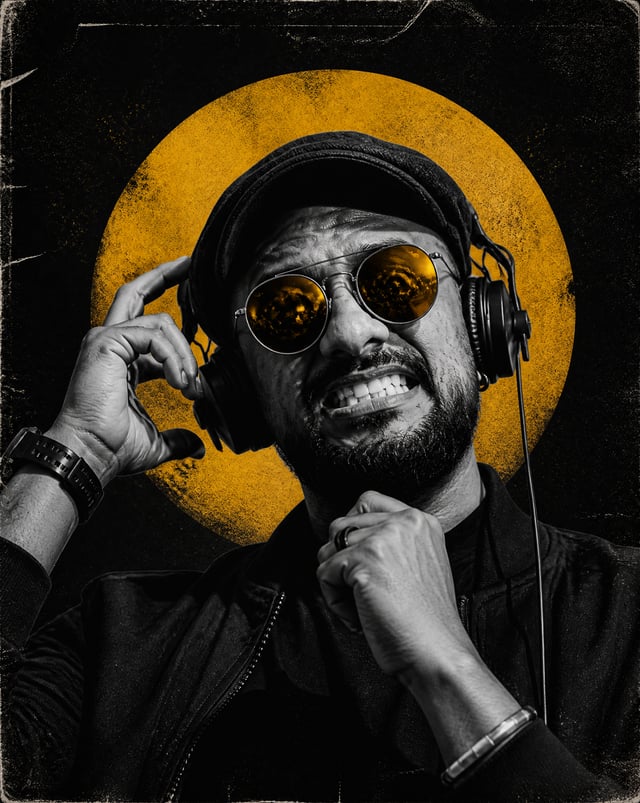 Create a dark, high‑contrast poster with a moody, underground club aesthetic. The composition featur