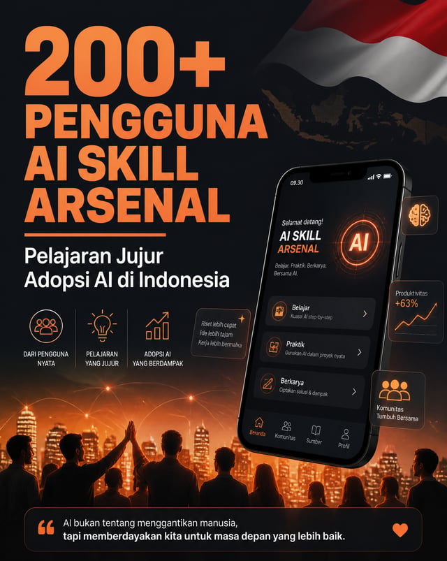 Modern tech-visual social media graphic. Bold headline text "200+ PENGGUNA AI SKILL ARSENAL" in oran