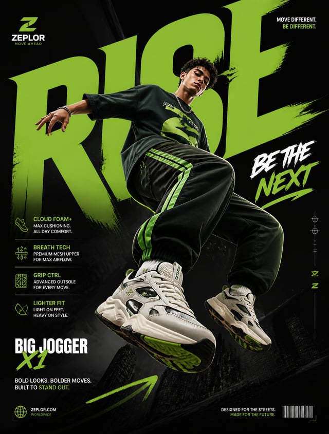 Generate a perfectly graphic designed poster of Shoe advertisement, The character should be in the A