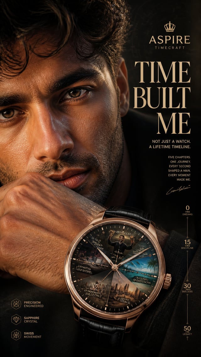 A premium 9:16 luxury watch advertising poster.Main Subject:A confident young male model in an extre