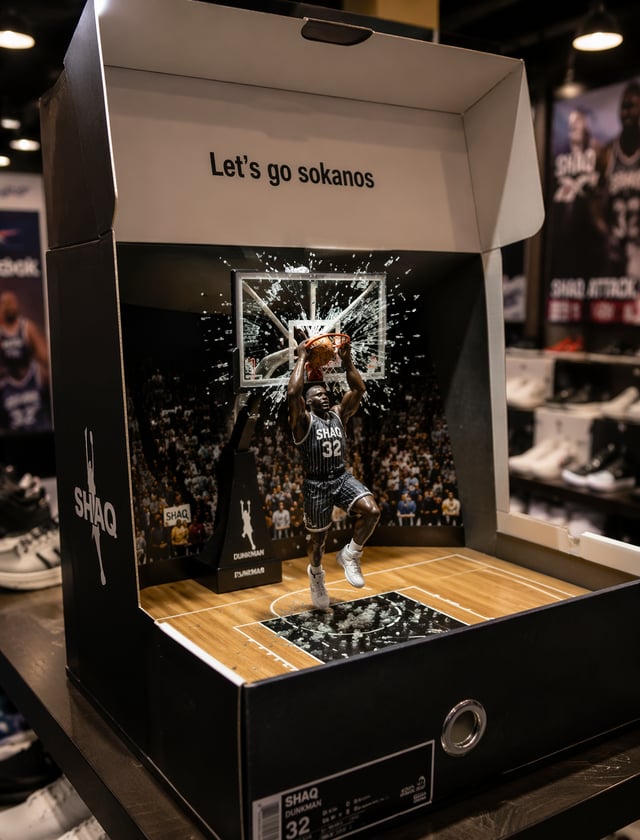 A hyper-detailed, photorealistic diorama inside an opened large, black and white Shaq basketball sho