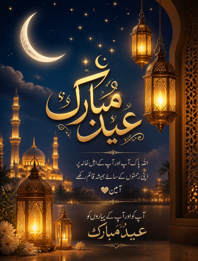 Make a vertical Eid Mubarak WhatsApp status image with glowing lanterns, moonlight, stars and elegan