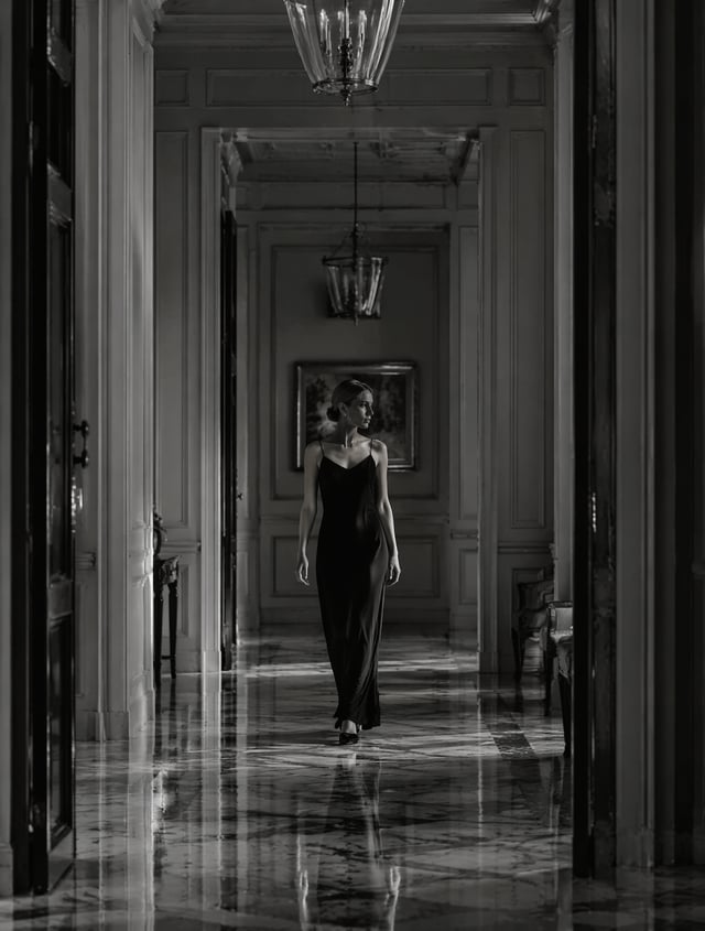 Elegant luxury hotel corridor, monochrome photography, dramatic light and shadow, fashion editorial 