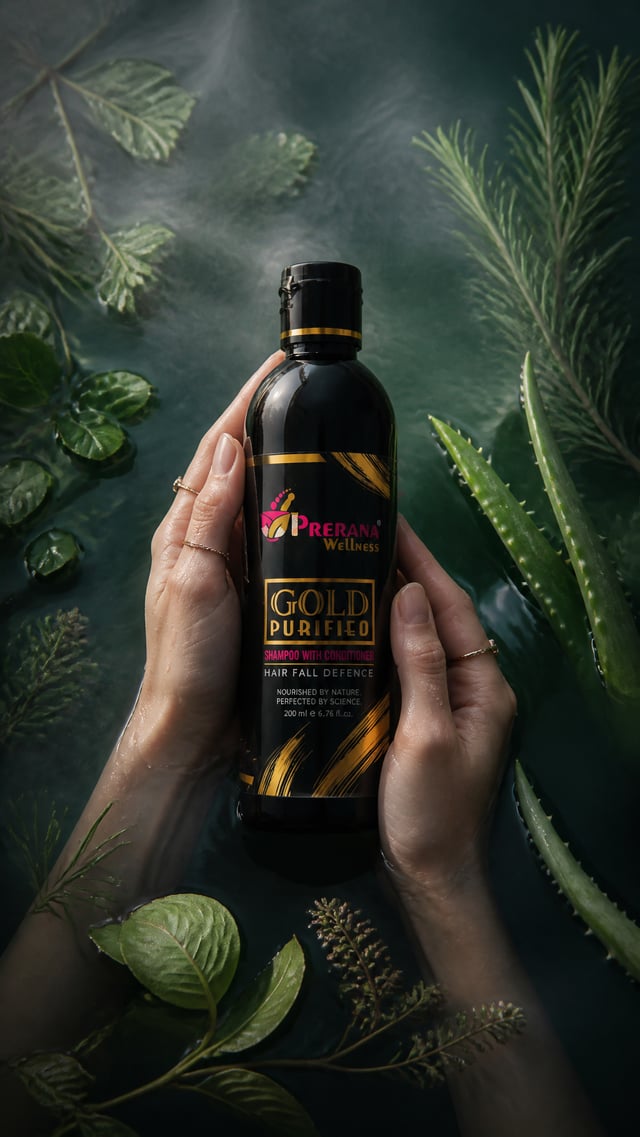 Luxury product photography of a green translucent bath and shower gel bottle held gently by two femi