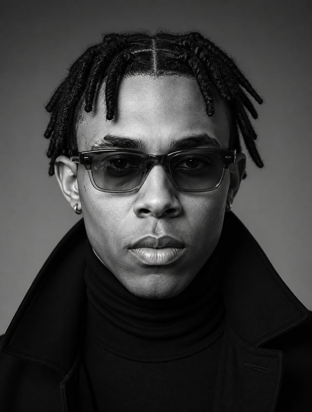 A studio-style close-up editorial portrait of Peter Mensa with strong, well-defined facial features 