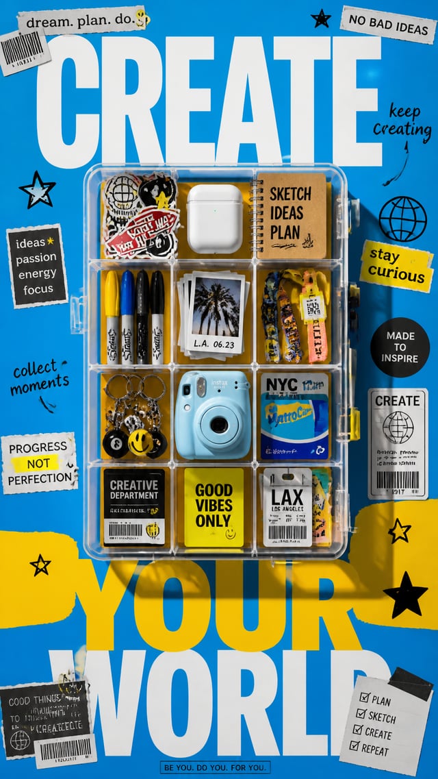 A premium 9:16 youth-culture lifestyle advertising poster.Main Subject:An oversized transparent desk