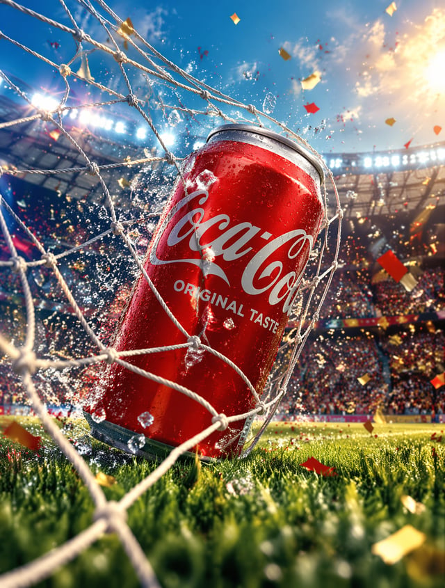 Ultra-premium Coca-Cola commercial advertising poster, official FIFA-inspired football campaign, lux