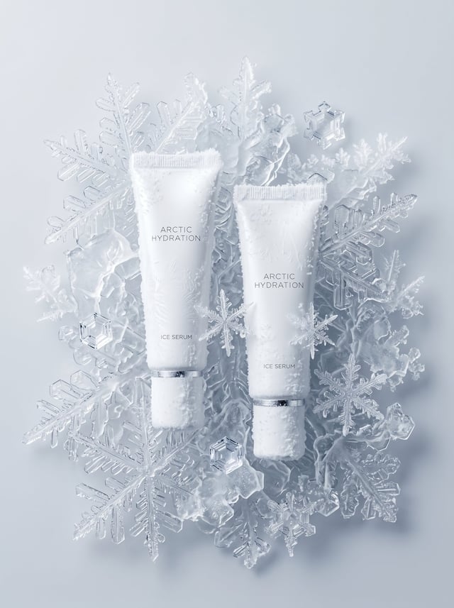 A perfect advertising photograph, an intricate composition. Two tubes rest on rough ice floes. The w