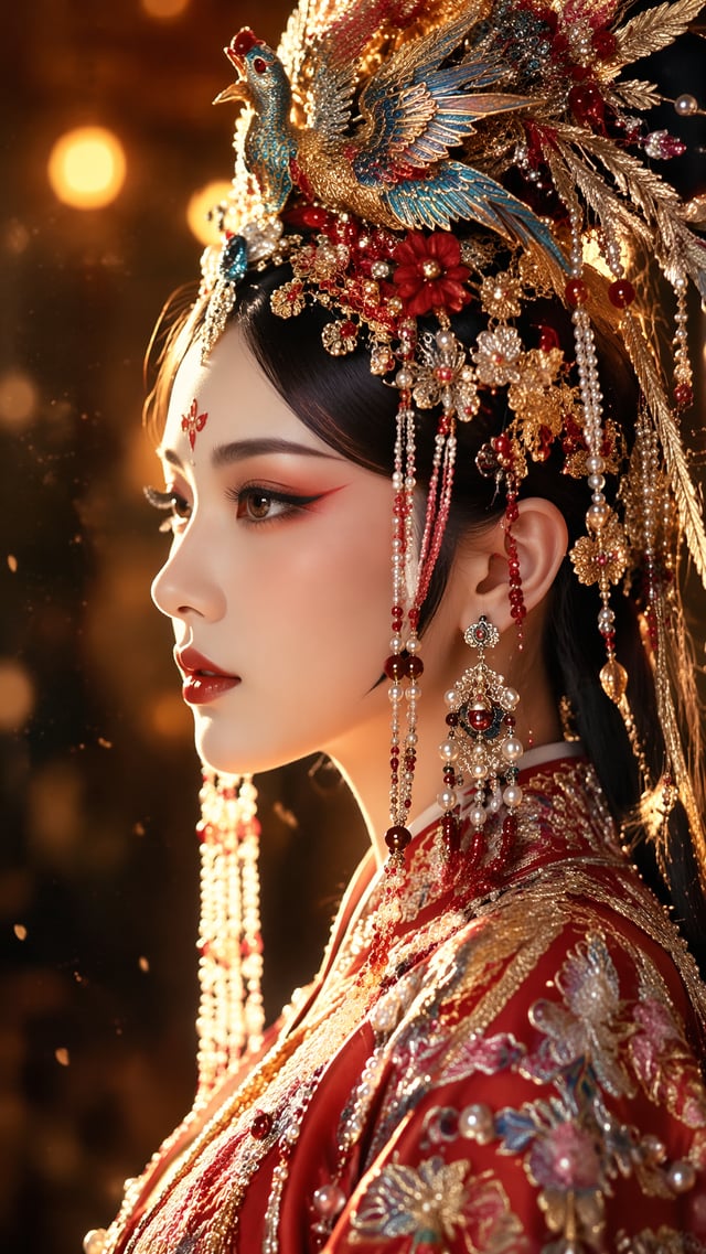 Vertical close-up profile portrait, Chinese opera beauty girl, exquisite Peking opera stage makeup, 
