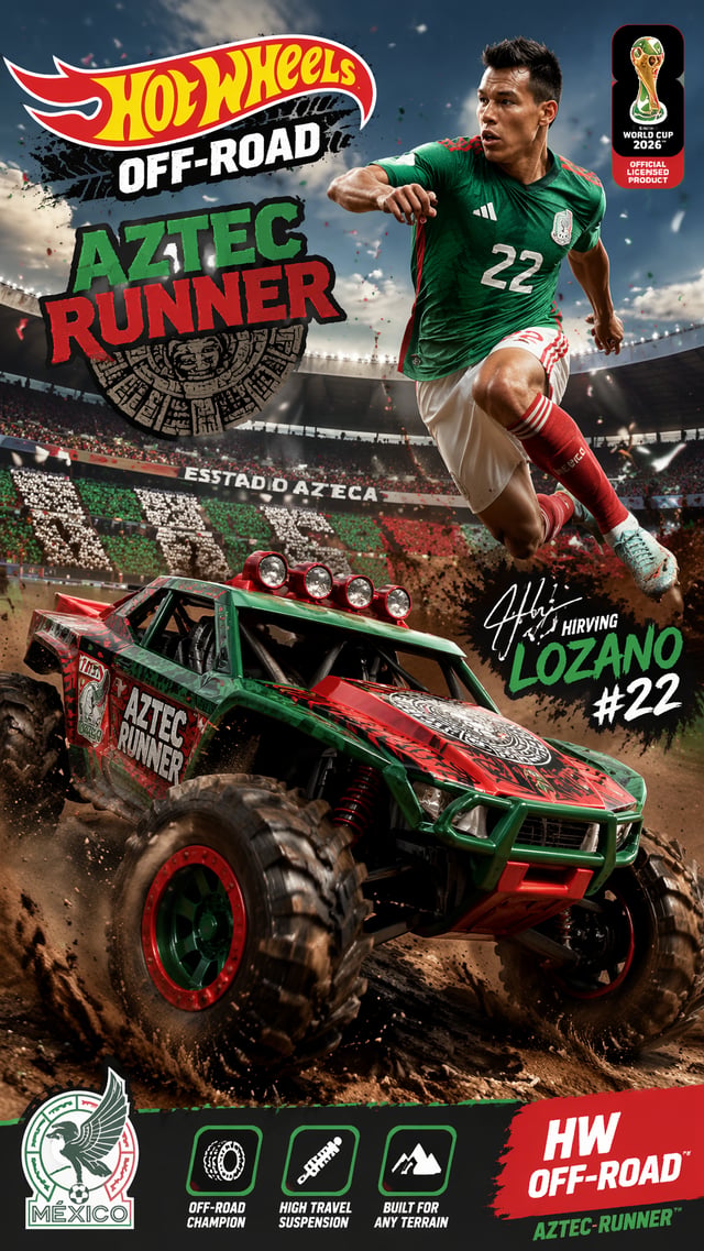 Mexico — Hirving Lozano — HW Off-Road Aztec Runner “9:16 poster of Hot Wheels Off-Road ‘Aztec Runner