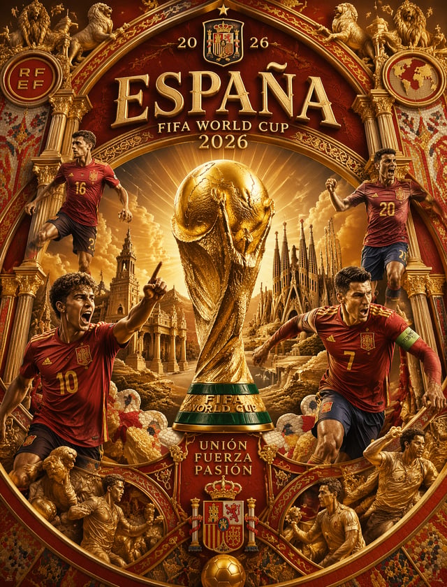 Ultra-detailed 3D baroque poster, Spain World Cup 2026, FIFA trophy in center, red-gold palette, arc