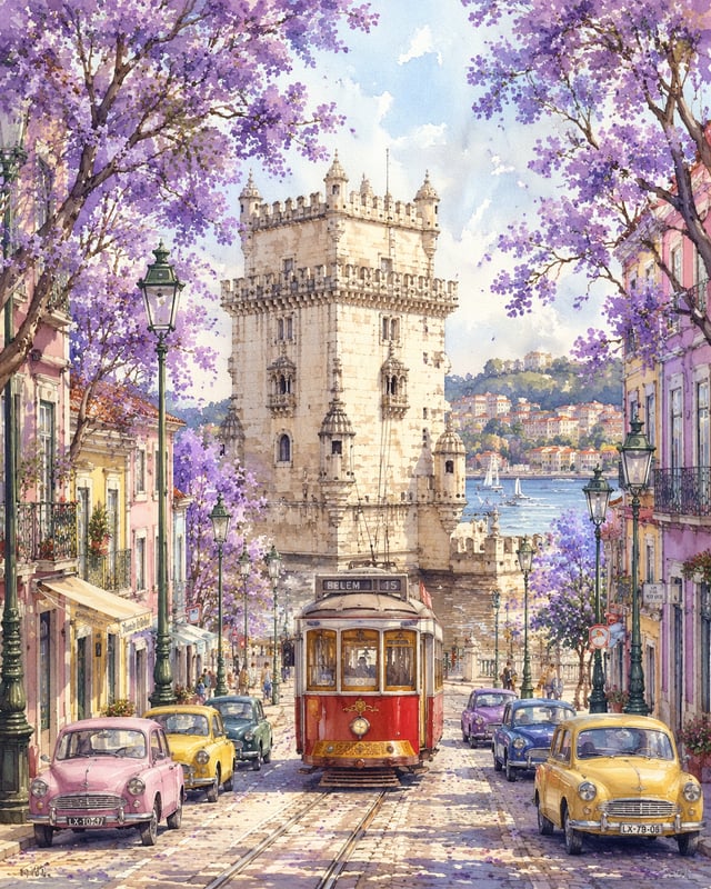Vertical watercolor illustration, street view of Belém Tower in Lisbon Portugal, central retro stone