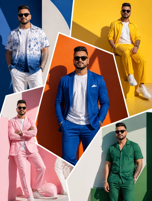 The SAME male model displayed across oversized random-shaped fashion panels inspired by modern art g
