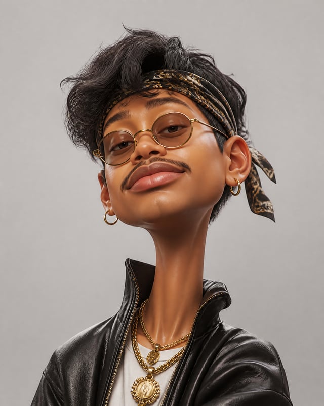 Create an exaggerated stylized 3D caricature character portrait with strong intentional deformation 