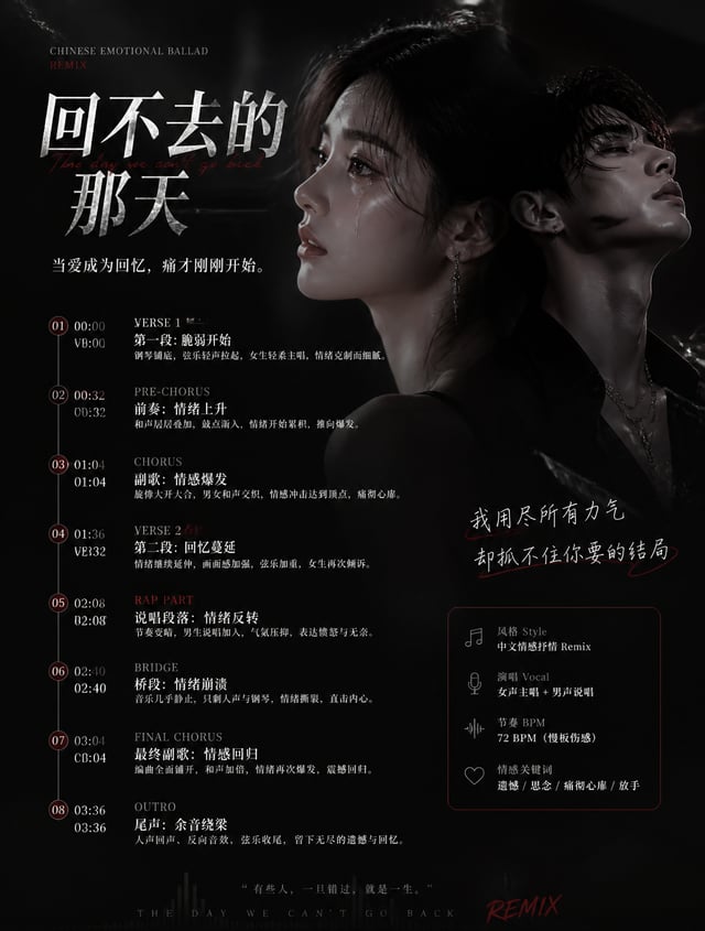 Chinese cinematic emotional ballad with male and female vocals, slow mournful half-time pulse and pi