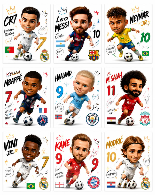 Create a collection of 9 square poster illustrations featuring famous football players in a cute chi