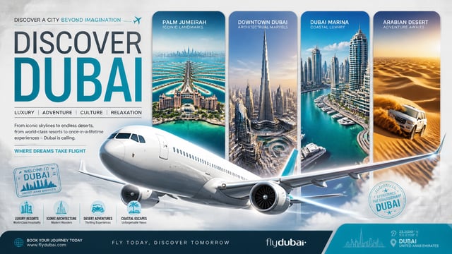 A high-gloss luxury travel promotion poster for Dubai features a sleek white commercial passenger je