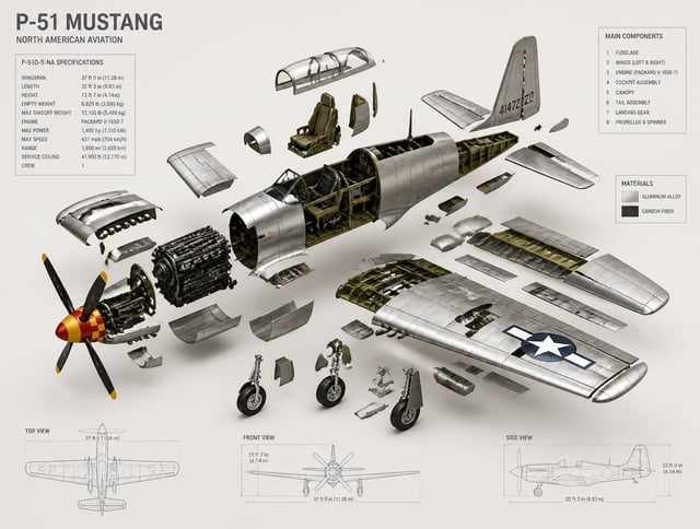 High-end 3D CAD exploded view diagram of a [p51 mustang], ready for framing. The aircraft is careful