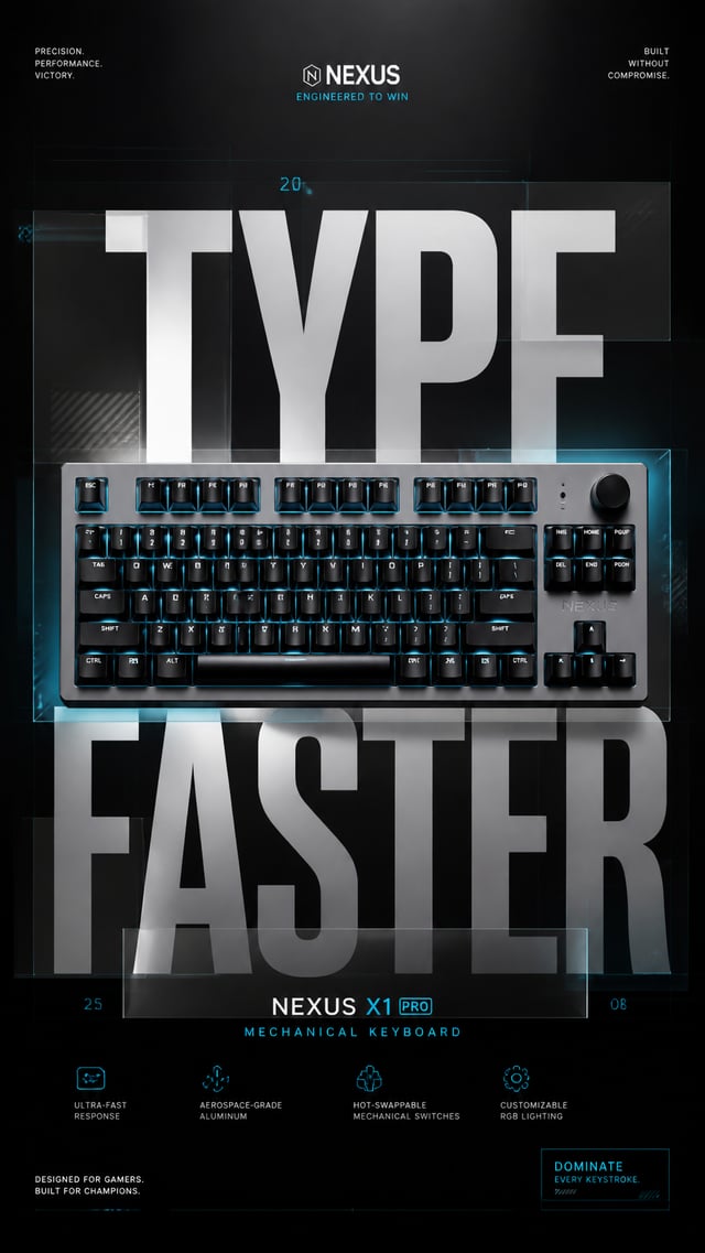 A premium commercial advertising poster for a luxury gaming keyboard launch.Central Subject:A single