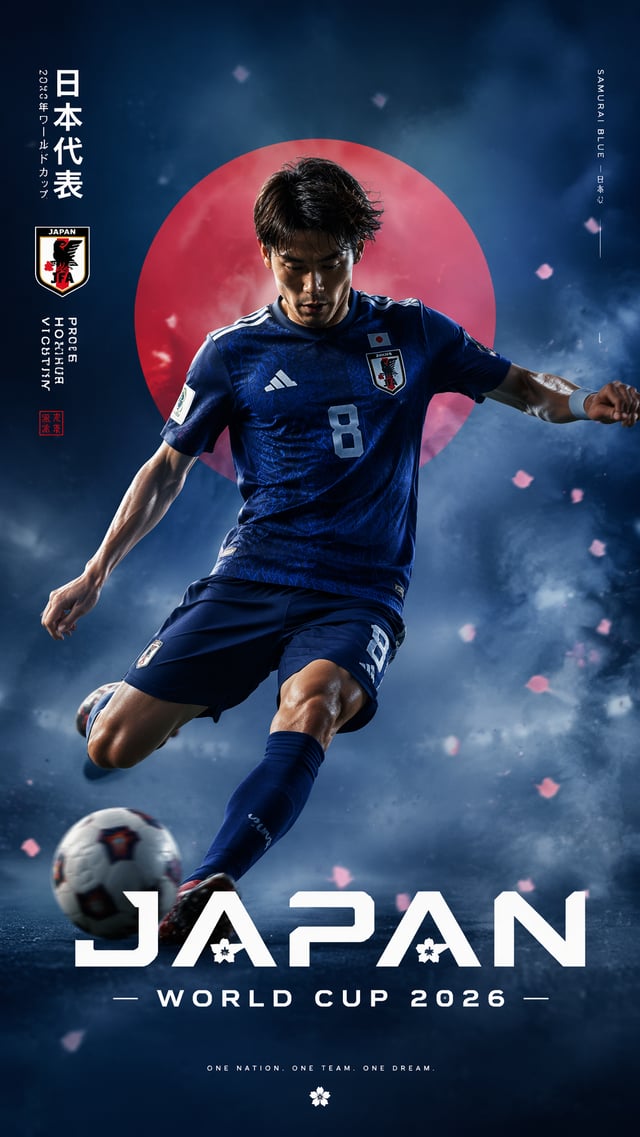 cinematic vertical sports poster 9:16, Japan national football team 2026, technical midfielder perfo