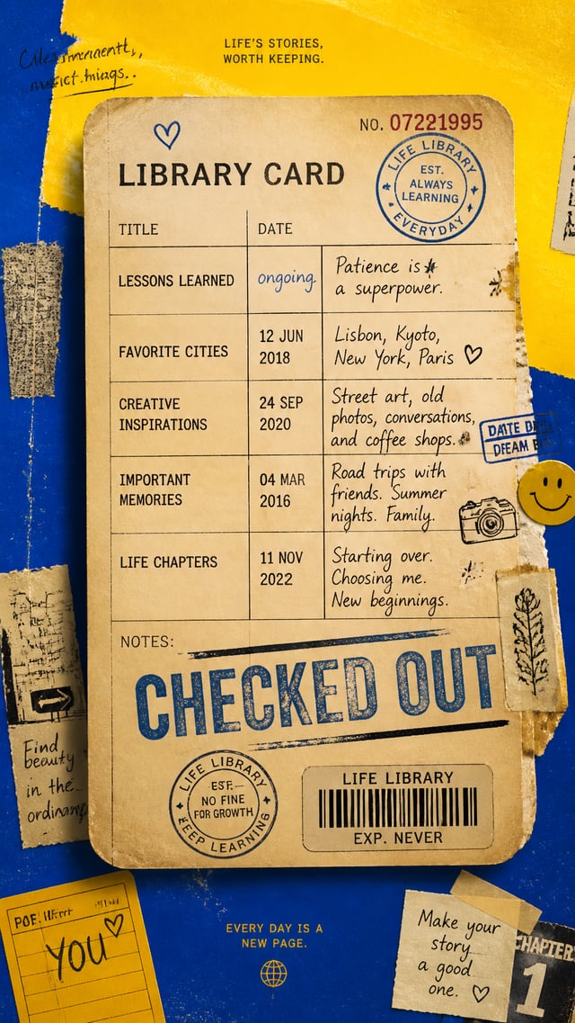 A premium 9:16 lifestyle editorial poster.Main Subject:A giant realistic library card occupying most
