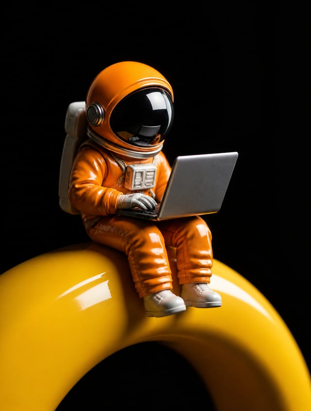A stylized miniature astronaut in a vibrant orange pressure suit sits perched on a glossy, oversized