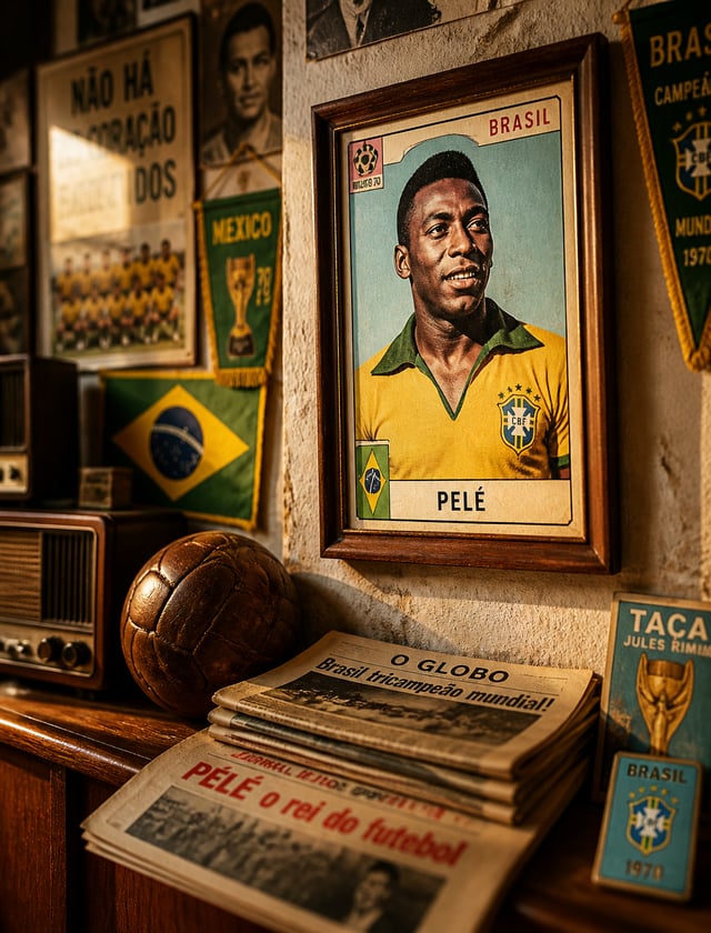 A cinematic, photorealistic interior scene set inside the nostalgic room of an elderly Brazilian foo