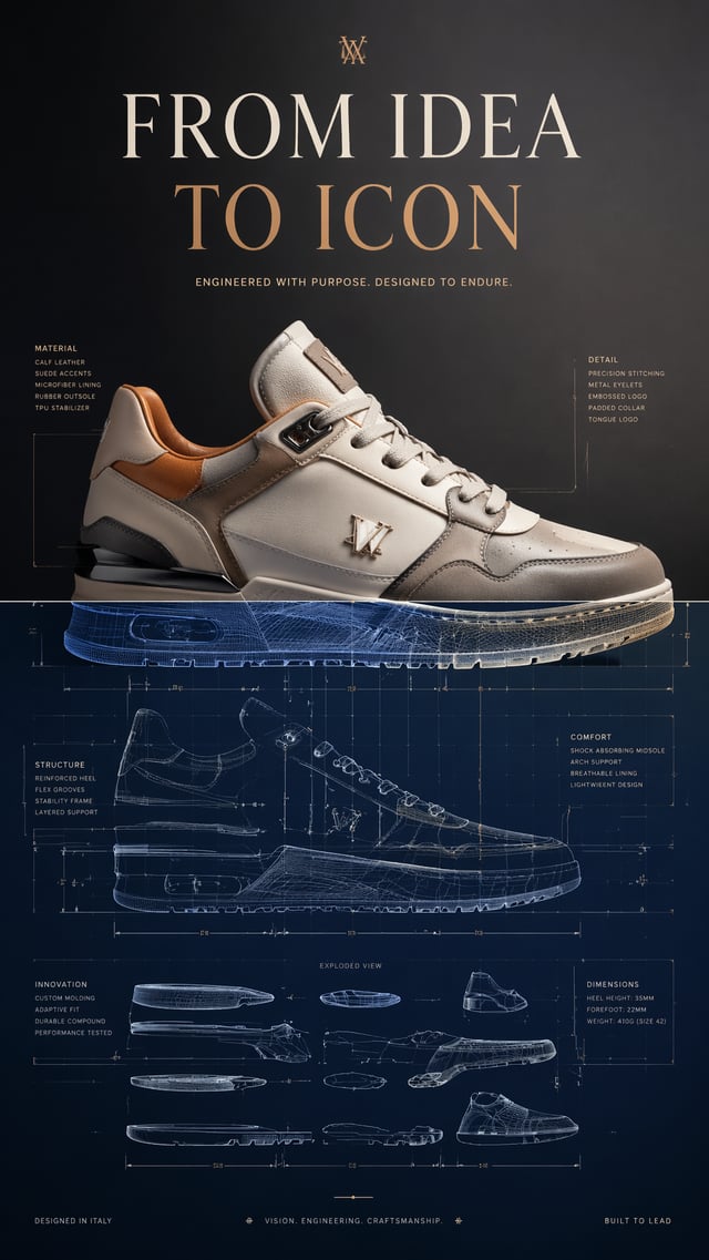 A premium 9:16 sneaker advertising poster.Main Subject:A luxury sneaker.The bottom half appears as t