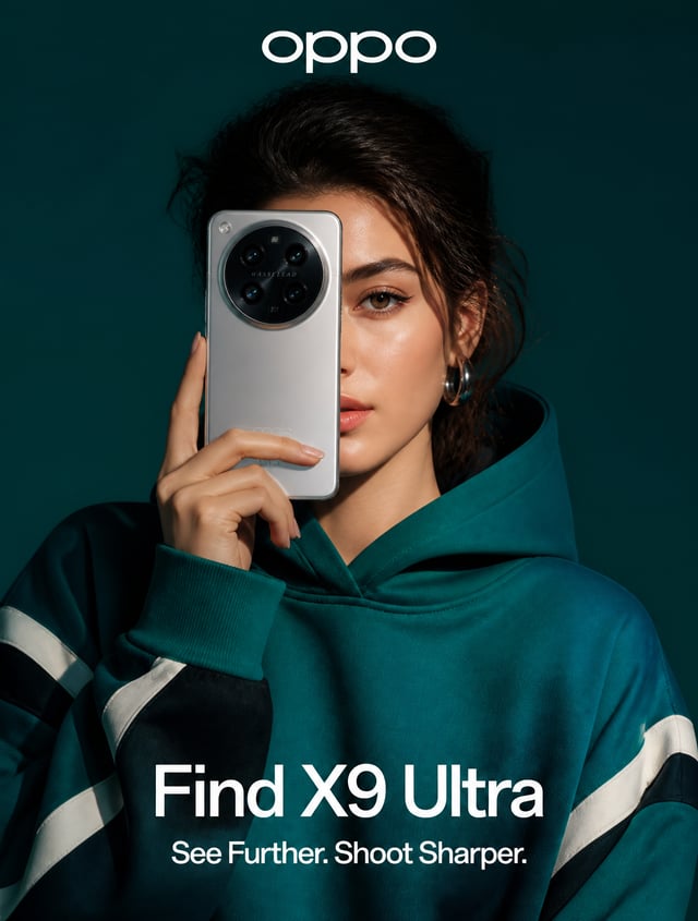A stunning high-fashion advertisement photo of a young woman wearing a deep teal oversized hoodie wi