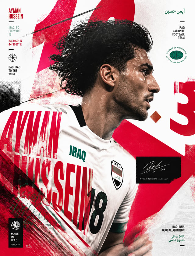 Create an experimental "Ayman Hussein" "iraqi FC player " in  poster built around a striking side-pr