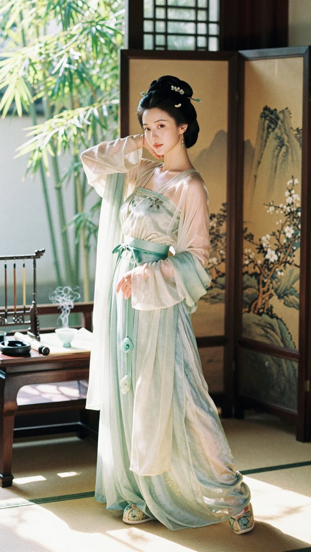 Realistic film photography, full-length standing portrait of a beautiful elegant woman with an allur