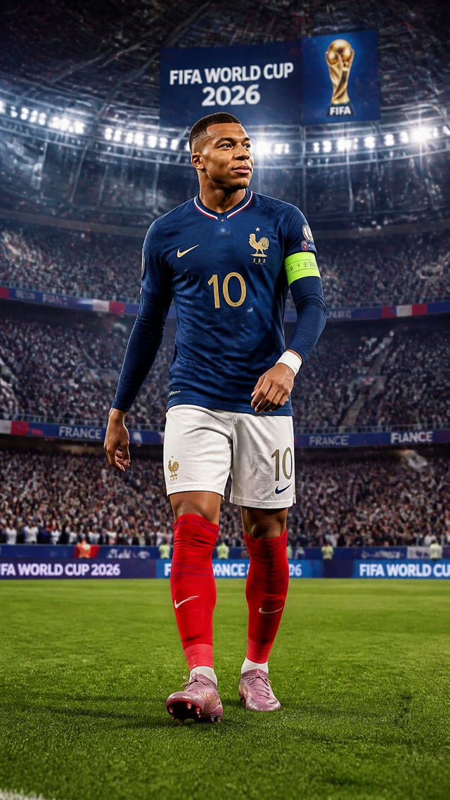 Create a hyper-realistic cinematic full-body portrait of Kylian Mbappé (France) as the face referenc